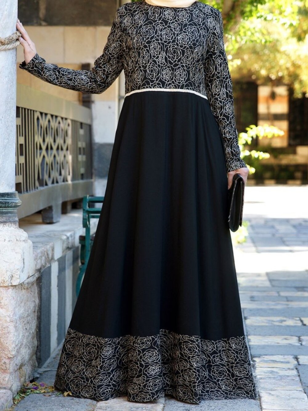 Deadstock Black Long-sleeved Formal Embroidered Maxi Dress